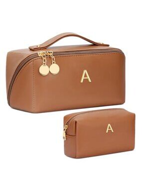Personalized Initial Makeup Bag Set Faux Leather Travel Cosmetic Organizer